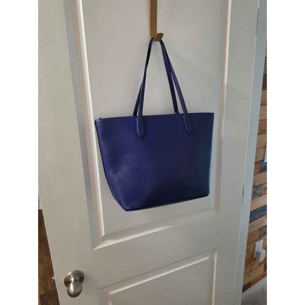 Kate Spade New York Navy Blue Leather Tote Bag Shoulder Purse Gold Logo
